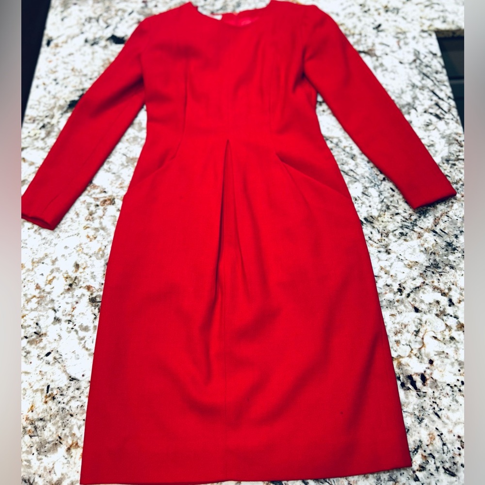 VTG Victor Costa 100% Wool Red Sheath Midi Dress Sz 6 Made in USA Pocket Pleat